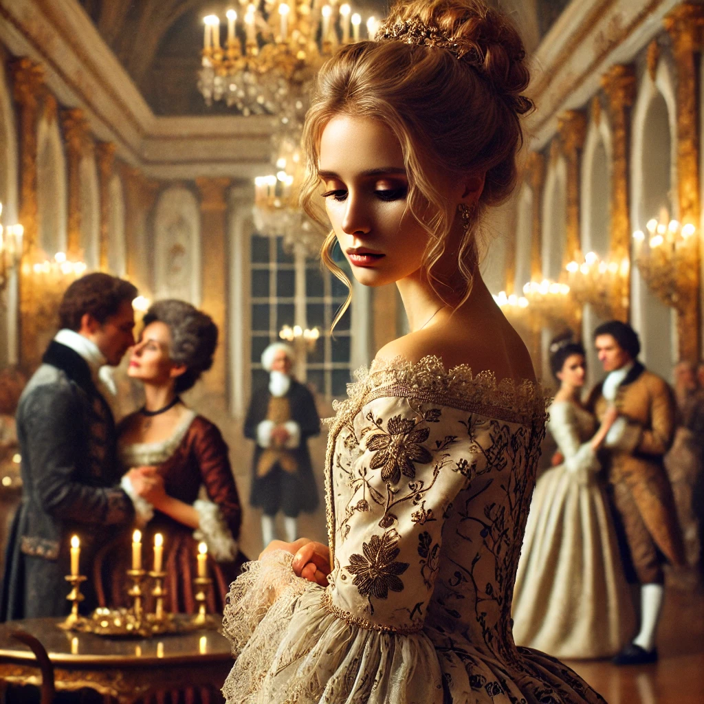 DALL·E 2025-01-29 20.12.50 – A historical romance scene featuring a noblewoman in an opulent ballroom, standing alone while her fiancé dances with another woman. She has a melanch