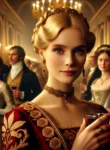 DALL·E 2025-02-03 19.34.24 – A noblewoman with elegant blonde hair and piercing blue eyes stands confidently in a grand ballroom. She wears a luxurious deep red gown with intricat
