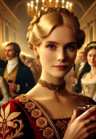 DALL·E 2025-02-03 19.34.24 – A noblewoman with elegant blonde hair and piercing blue eyes stands confidently in a grand ballroom. She wears a luxurious deep red gown with intricat