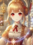 DALL·E 2025-02-08 09.58.42 – A beautiful young noble girl with golden hair and bright red eyes, standing in an elegant fantasy setting. She is surrounded by a glowing magical aura