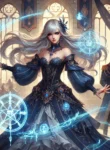 DALL·E 2025-02-12 11.51.14 – A fantasy-style illustration of a powerful sorceress noblewoman with long silver hair and a flowing dark blue dress adorned with magical runes. She st