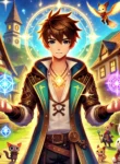 DALL·E 2025-02-14 09.37.02 – A vibrant and colorful cartoon-style illustration of a young male protagonist with short, messy hair and a confident expression, standing in front of