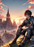 DALL·E 2025-02-16 19.52.10 – An anime-style illustration of a lone adventurer sitting on a hill overlooking a ruined guild hall at dawn. His armor is scratched but gleaming, and h