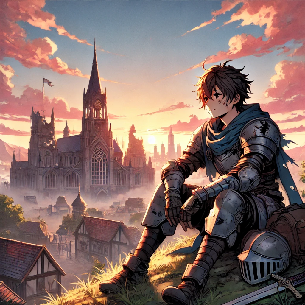 DALL·E 2025-02-16 19.52.10 – An anime-style illustration of a lone adventurer sitting on a hill overlooking a ruined guild hall at dawn. His armor is scratched but gleaming, and h