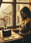 DALL·E 2025-02-18 15.23.37 – A deeply emotional scene from the novel ‘Souvenir’. A young woman with long dark hair sits by a wooden table near an open window, her hands gently res