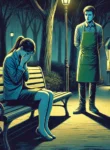 DALL·E 2025-02-19 19.56.11 – A dramatic illustration of a young woman sitting alone on a park bench at night, her face buried in her hands as she silently cries. The surrounding p
