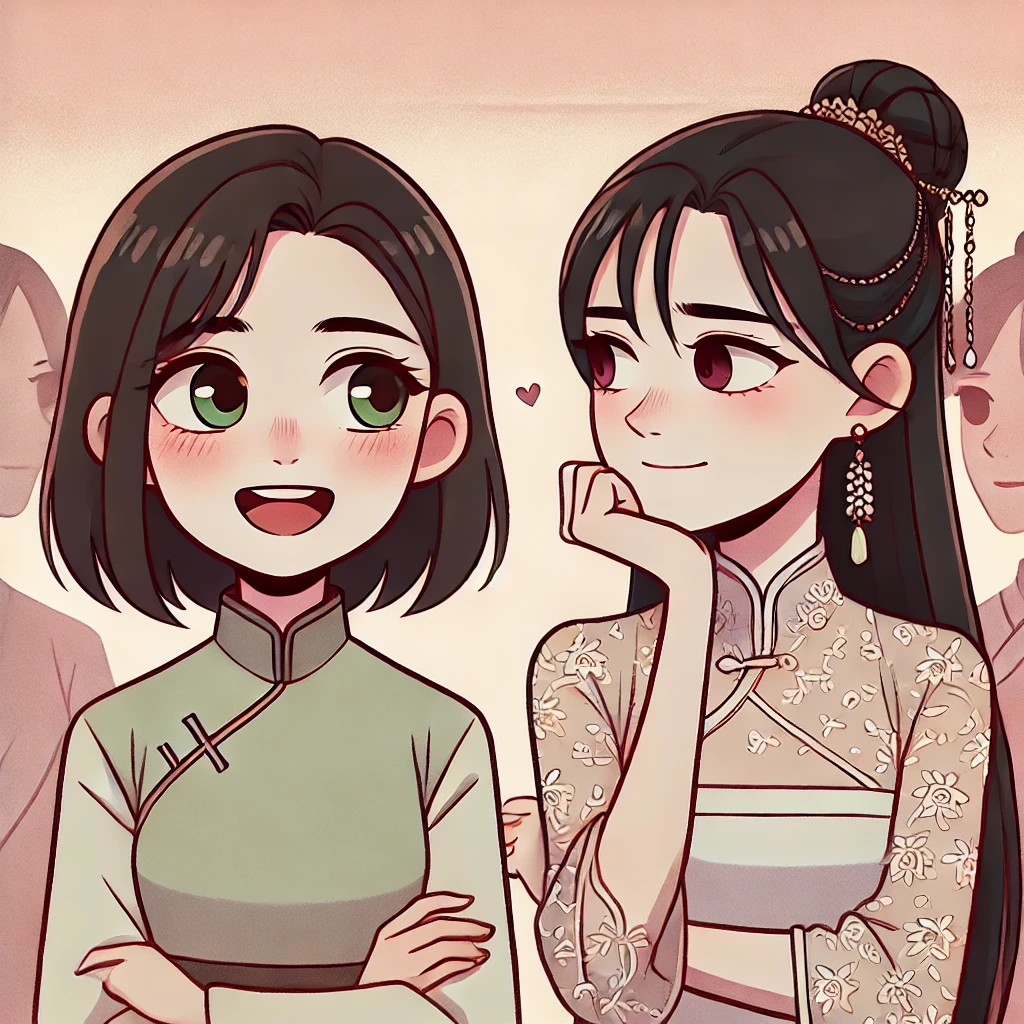 DALL·E 2025-03-08 12.38.24 – A cartoon-style image inspired by a girl love romance, depicting two women, Xu Zhiyan and Shen Buhui. Xu Zhiyan, with a bright, determined expression,
