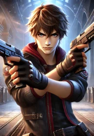 DALL·E 2025-03-19 23.24.13 – A young male protagonist with a determined expression, wielding two sleek handguns in a battle-ready stance. He wears a dark jacket with red or silver