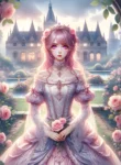 DALL·E 2025-03-24 03.21.33 – A fantasy-style book cover illustration featuring a young noblewoman with soft pink hair and matching pink eyes, dressed in an elegant Victorian-style